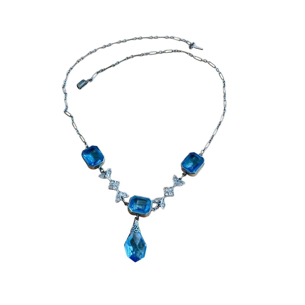 VTG Art Deco PSco Regal Necklace 20s Filigree Blue Crystal Antique Choker‎ 16"